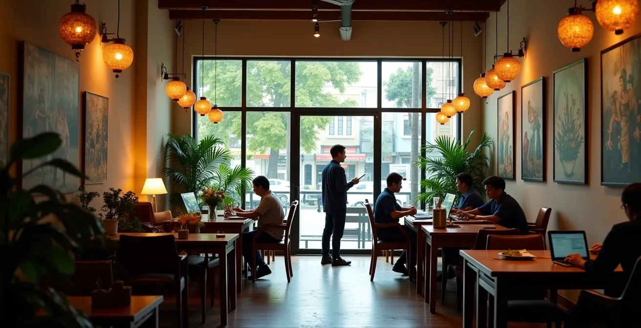 Intérieur accueillant d'une agence de voyage vietnamienne avec équipe locale
