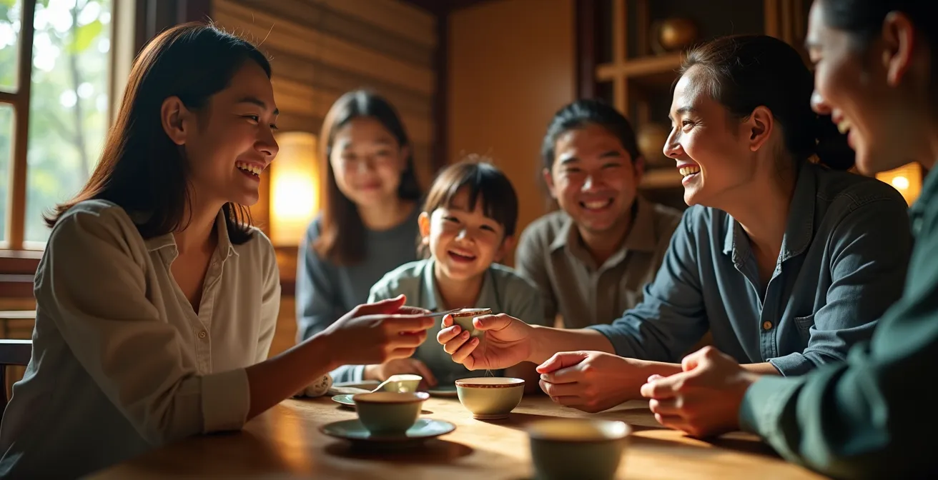 Famille vietnamienne accueillant des voyageurs dans leur maison traditionnelle